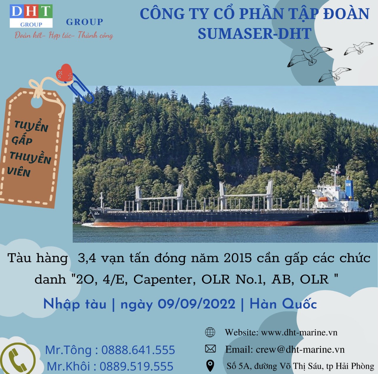 Tàu hàng 3,4 vạn tấn đóng năm 2015 cần bổ sung gấp thuyền viên nhập tàu ngày 09/09/2022 tại Hàn Quốc.
