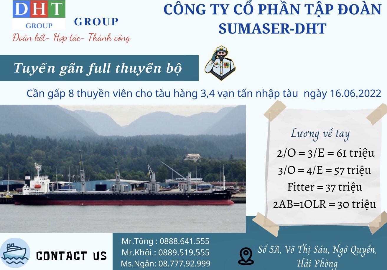 Tuyển gần full thuyền bộ cho tàu hàng 3,4 vạn tấn nhập tàu  ngày 16/06/2022.