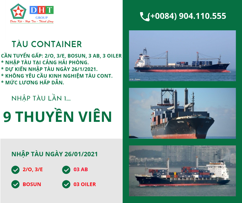 Tuyển gấp 9 thuyền viên cho tàu container nhập tại Hải phòng.